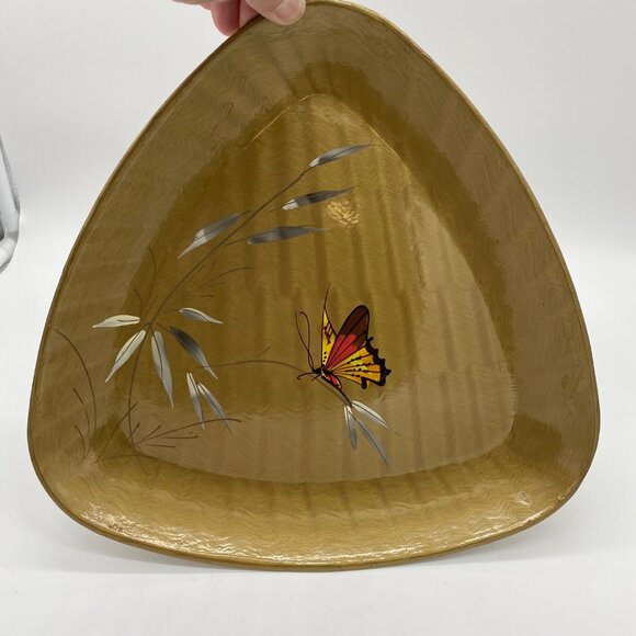Vintage Japanese Lacquerware Gold Triangle Tray With Bamboo & Butterfly Design - Picture 2 of 14
